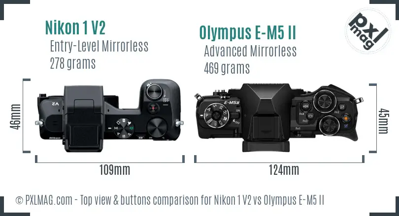 Nikon 1 V2 vs Olympus E-M5 II top view buttons comparison