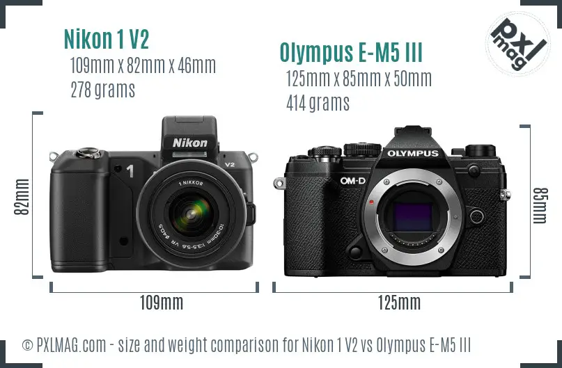 Nikon 1 V2 vs Olympus E-M5 III size comparison