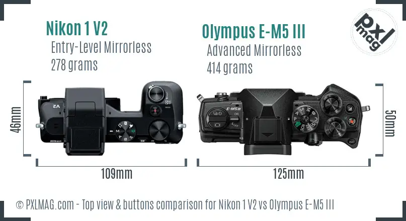 Nikon 1 V2 vs Olympus E-M5 III top view buttons comparison