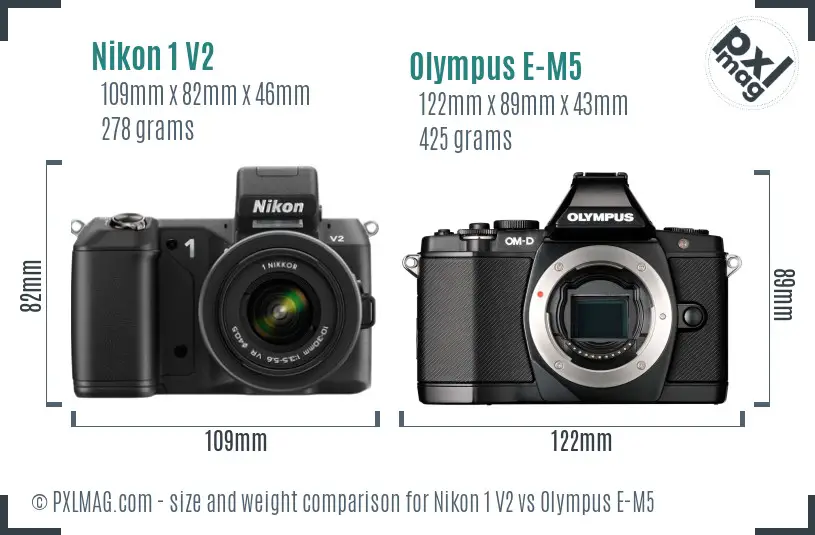 Nikon 1 V2 vs Olympus E-M5 size comparison Nikon 1 V2 vs Olympus E-M5 size comparison
