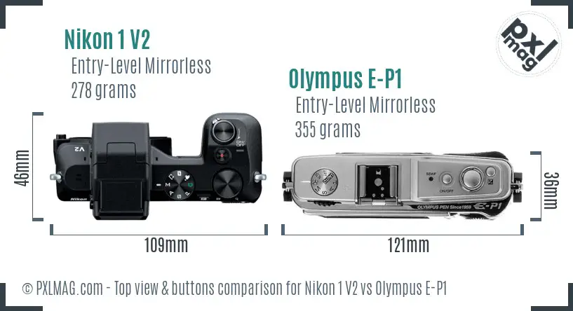 Nikon 1 V2 vs Olympus E-P1 top view buttons comparison Nikon 1 V2 vs Olympus E-P1 top view buttons comparison