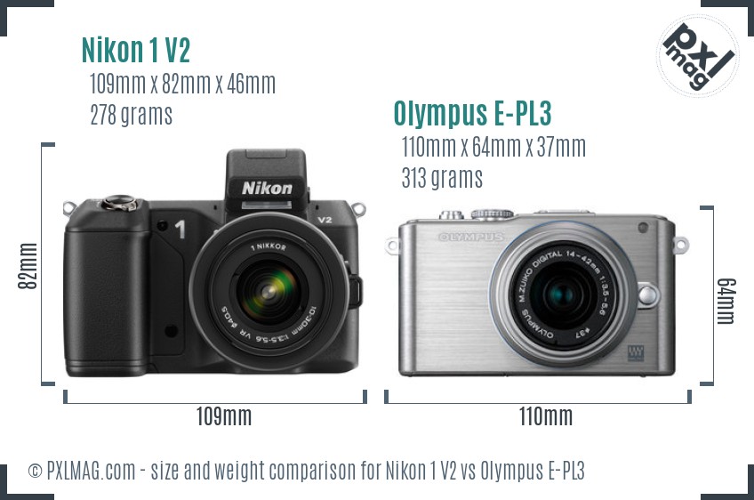 Nikon 1 V2 vs Olympus E-PL3 size comparison
