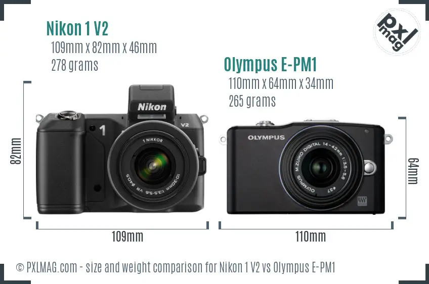 Nikon 1 V2 vs Olympus E-PM1 size comparison Nikon 1 V2 vs Olympus E-PM1 size comparison