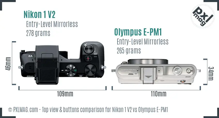 Nikon 1 V2 vs Olympus E-PM1 top view buttons comparison Nikon 1 V2 vs Olympus E-PM1 top view buttons comparison