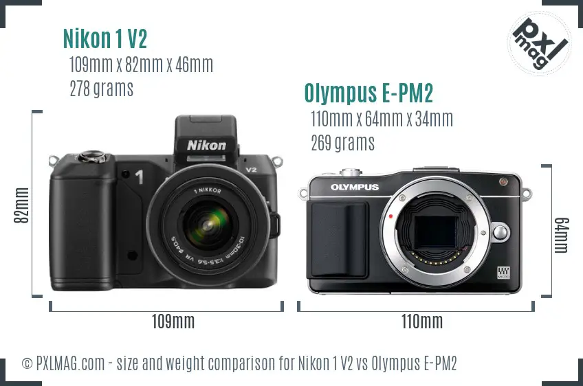 Nikon 1 V2 vs Olympus E-PM2 size comparison
