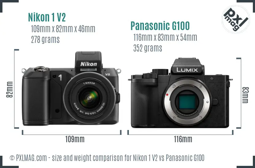 Nikon 1 V2 vs Panasonic G100 size comparison