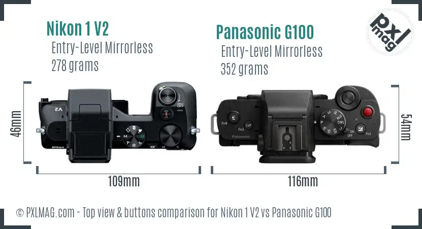 Nikon 1 V2 vs Panasonic G100 top view buttons comparison