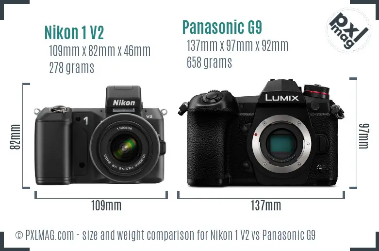 Nikon 1 V2 vs Panasonic G9 size comparison