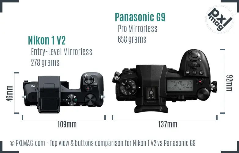 Nikon 1 V2 vs Panasonic G9 top view buttons comparison