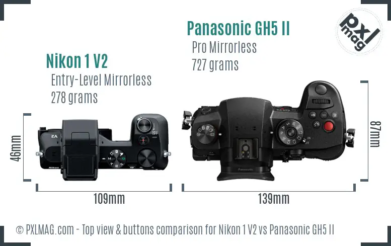 Nikon 1 V2 vs Panasonic GH5 II top view buttons comparison