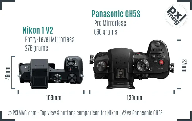 Nikon 1 V2 vs Panasonic GH5S top view buttons comparison