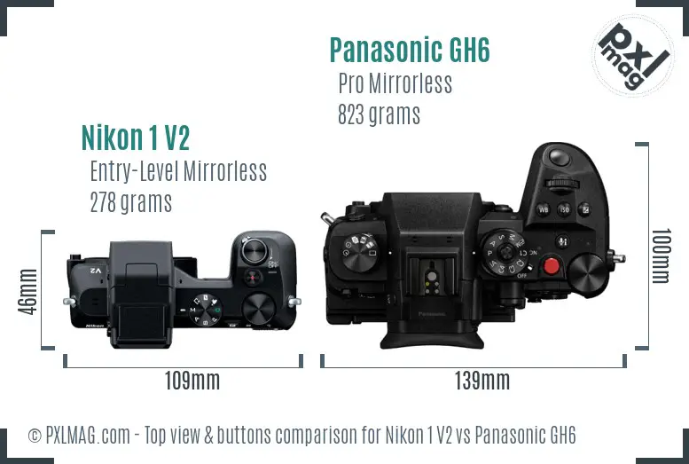 Nikon 1 V2 vs Panasonic GH6 top view buttons comparison