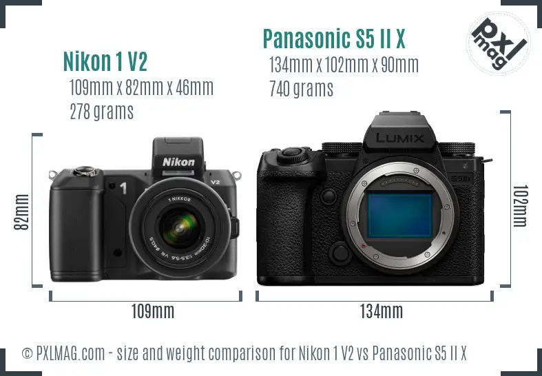 Nikon 1 V2 vs Panasonic S5 II X size comparison Nikon 1 V2 vs Panasonic S5 II X size comparison