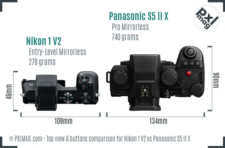 Nikon 1 V2 vs Panasonic S5 II X top view buttons comparison Nikon 1 V2 vs Panasonic S5 II X top view buttons comparison