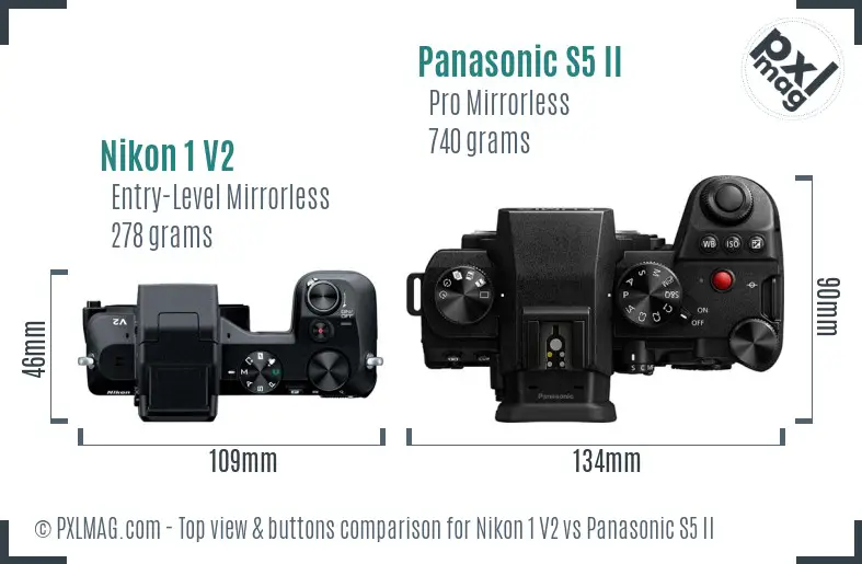 Nikon 1 V2 vs Panasonic S5 II top view buttons comparison