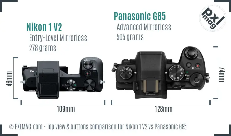 Nikon 1 V2 vs Panasonic G85 top view buttons comparison