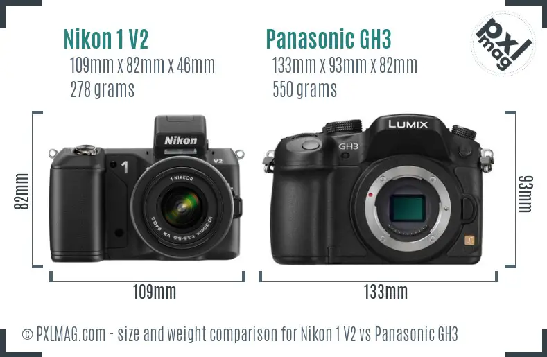 Nikon 1 V2 vs Panasonic GH3 size comparison