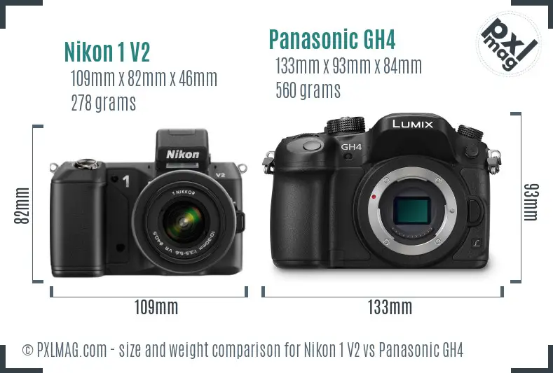 Nikon 1 V2 vs Panasonic GH4 size comparison Nikon 1 V2 vs Panasonic GH4 size comparison