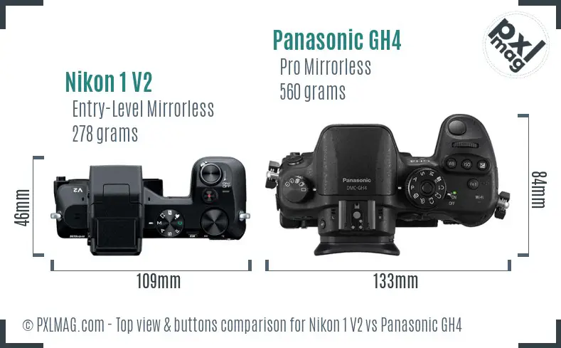 Nikon 1 V2 vs Panasonic GH4 top view buttons comparison Nikon 1 V2 vs Panasonic GH4 top view buttons comparison