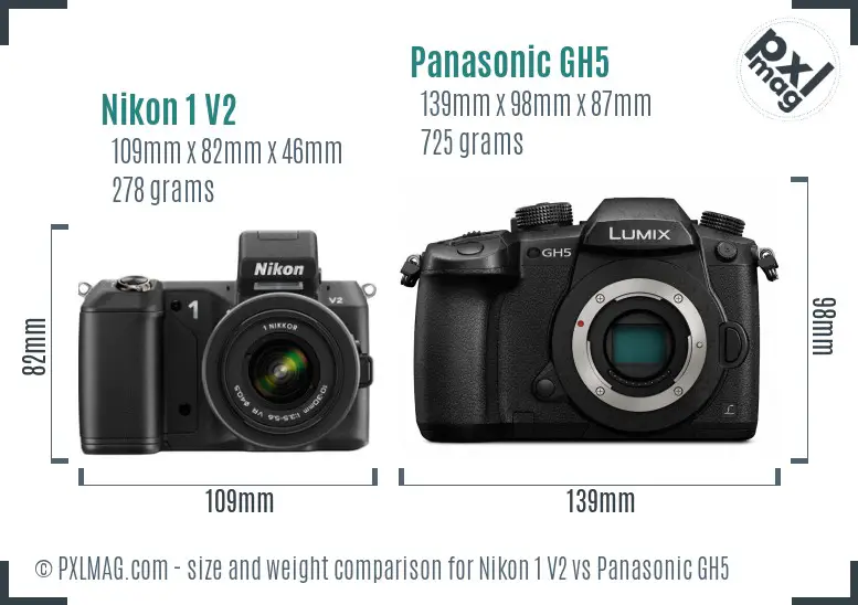 Nikon 1 V2 vs Panasonic GH5 size comparison