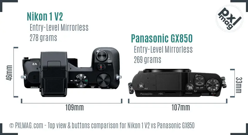 Nikon 1 V2 vs Panasonic GX850 top view buttons comparison Nikon 1 V2 vs Panasonic GX850 top view buttons comparison