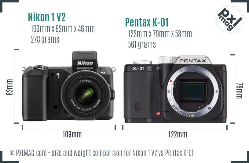 Nikon 1 V2 vs Pentax K-01 size comparison