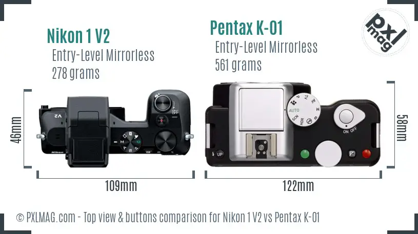 Nikon 1 V2 vs Pentax K-01 top view buttons comparison