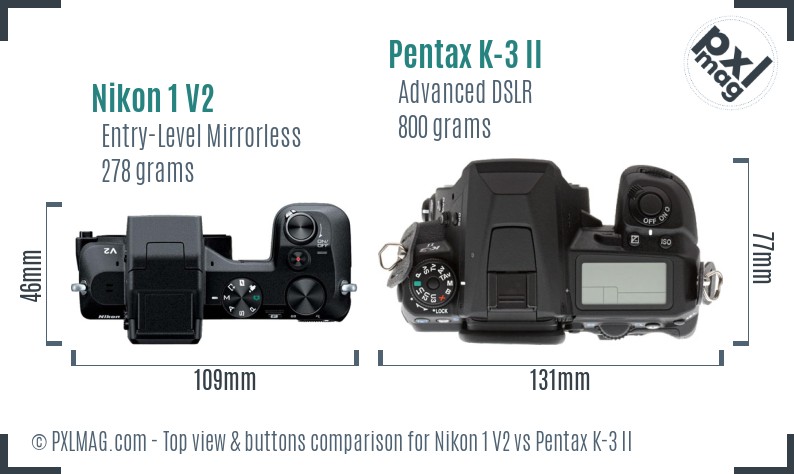 Nikon 1 V2 vs Pentax K-3 II top view buttons comparison