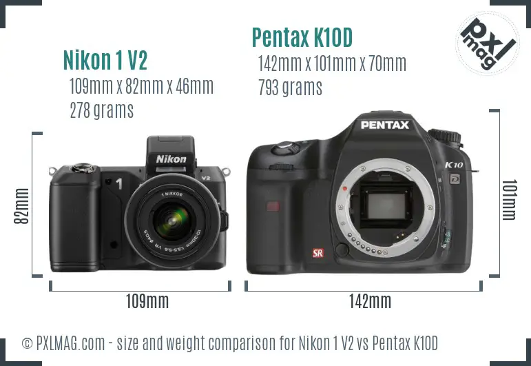 Nikon 1 V2 vs Pentax K10D size comparison