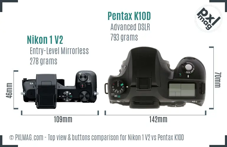 Nikon 1 V2 vs Pentax K10D top view buttons comparison