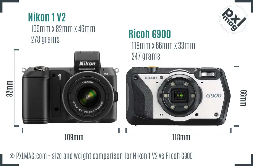 Nikon 1 V2 vs Ricoh G900 size comparison