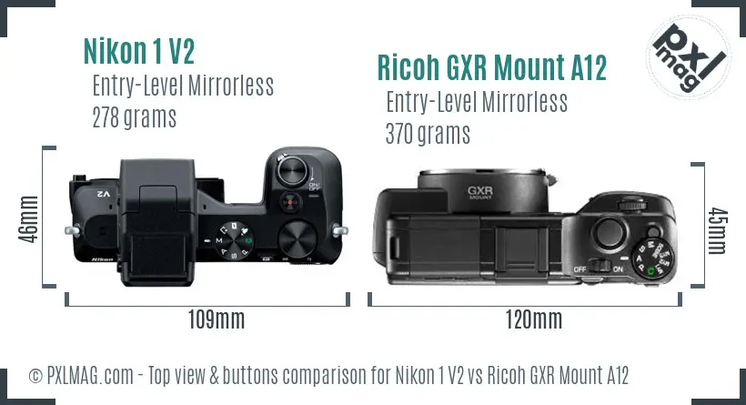 Nikon 1 V2 vs Ricoh GXR Mount A12 top view buttons comparison