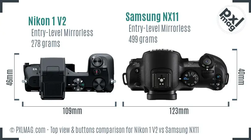 Nikon 1 V2 vs Samsung NX11 top view buttons comparison Nikon 1 V2 vs Samsung NX11 top view buttons comparison