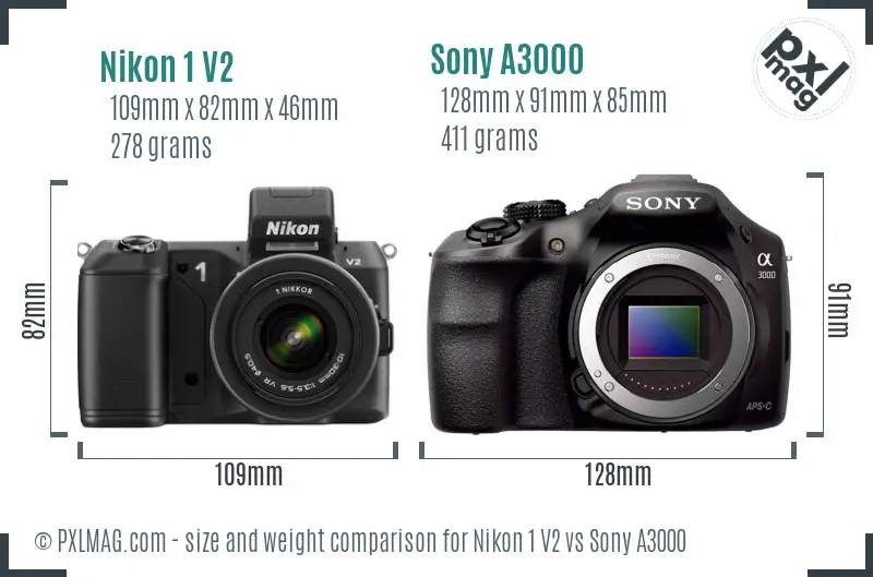 Nikon 1 V2 vs Sony A3000 size comparison
