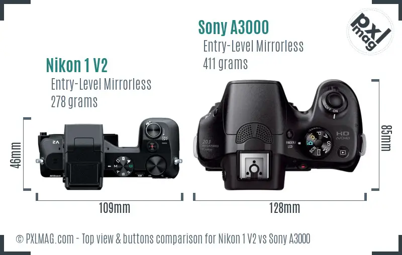 Nikon 1 V2 vs Sony A3000 top view buttons comparison