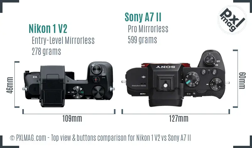 Nikon 1 V2 vs Sony A7 II top view buttons comparison