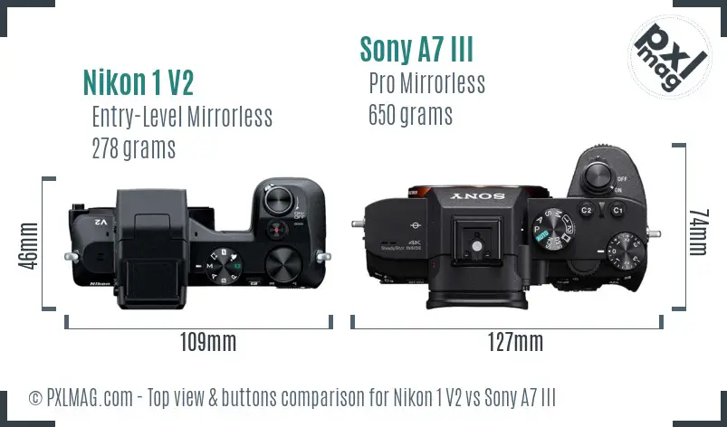 Nikon 1 V2 vs Sony A7 III top view buttons comparison