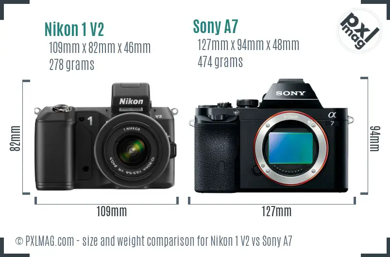 Nikon 1 V2 vs Sony A7 size comparison