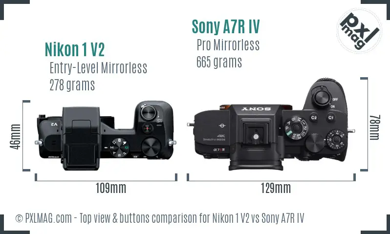 Nikon 1 V2 vs Sony A7R IV top view buttons comparison