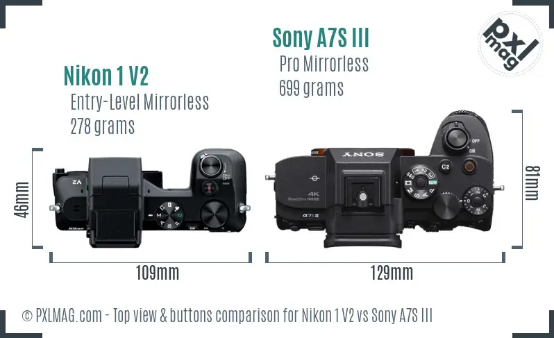 Nikon 1 V2 vs Sony A7S III top view buttons comparison