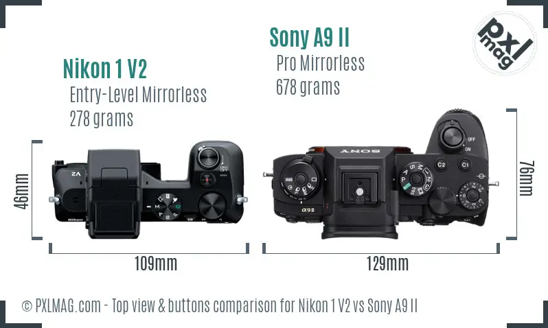 Nikon 1 V2 vs Sony A9 II top view buttons comparison