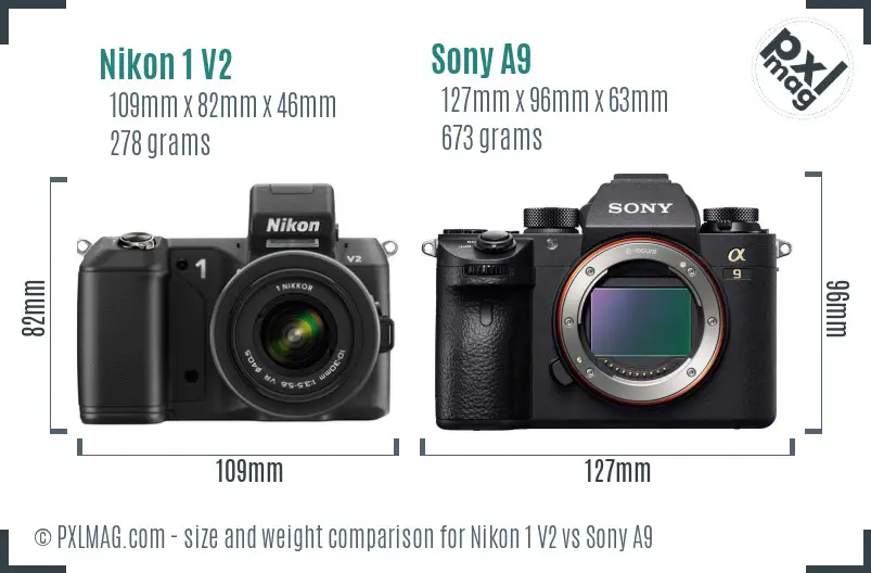 Nikon 1 V2 vs Sony A9 size comparison