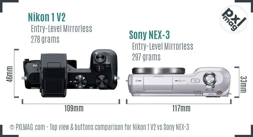 Nikon 1 V2 vs Sony NEX-3 top view buttons comparison