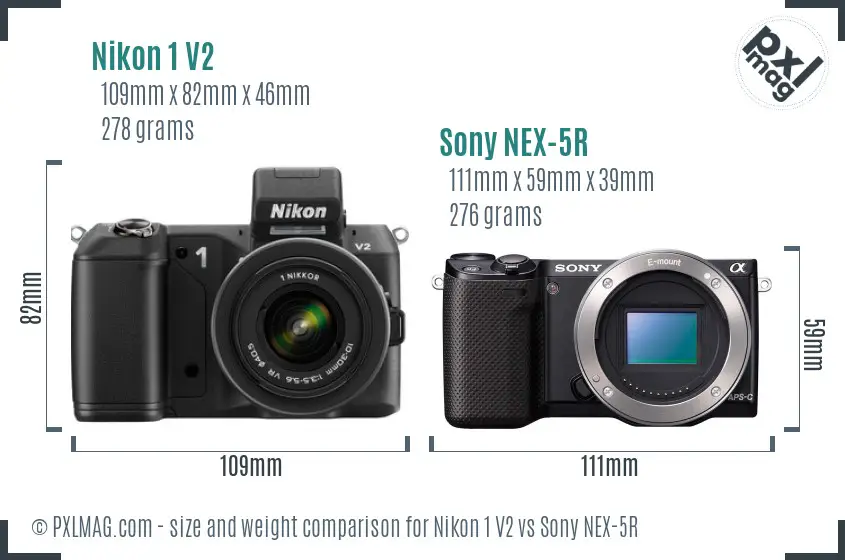 Nikon 1 V2 vs Sony NEX-5R size comparison