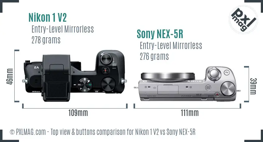 Nikon 1 V2 vs Sony NEX-5R top view buttons comparison