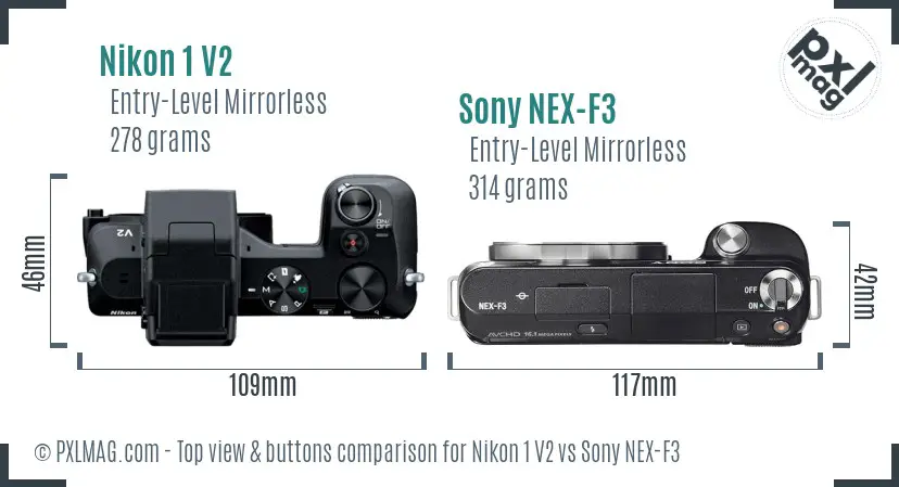 Nikon 1 V2 vs Sony NEX-F3 top view buttons comparison