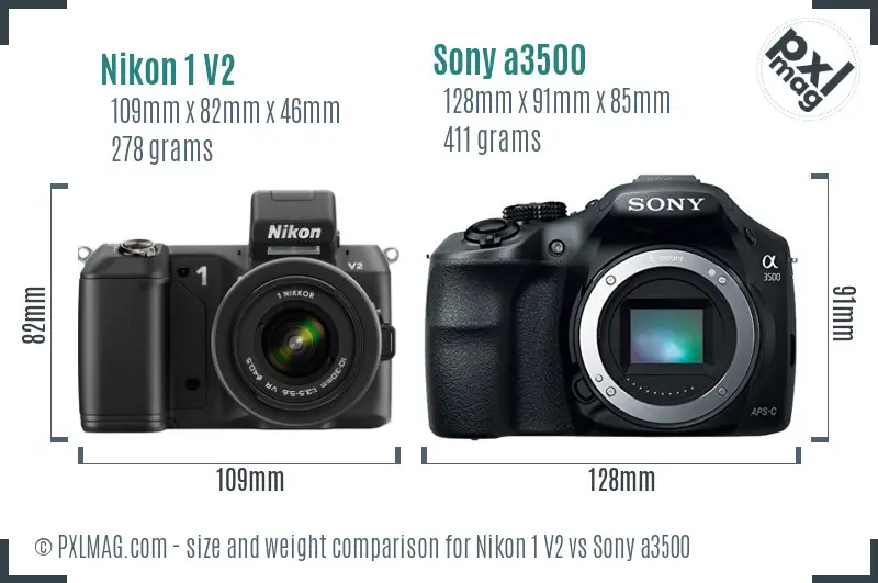 Nikon 1 V2 vs Sony a3500 size comparison