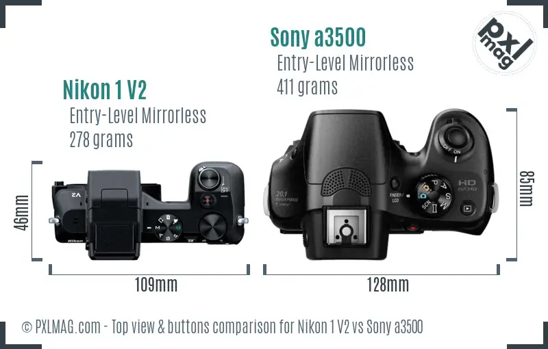 Nikon 1 V2 vs Sony a3500 top view buttons comparison