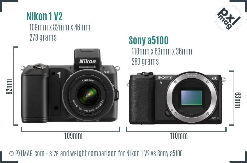 Nikon 1 V2 vs Sony a5100 size comparison