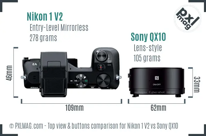Nikon 1 V2 vs Sony QX10 top view buttons comparison
